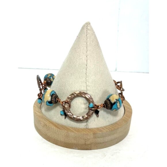 Hammered Copper Bracelet Turquoise Bead Dangles Adjustable 7.5-9.5" Boho Jewelry - Picture 4 of 6